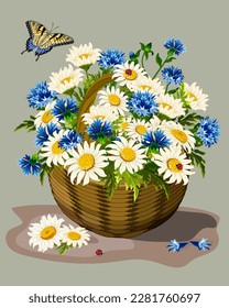 Basket with daisies and cornflowers.Vector illustration with daisies and cornflowers in a wicker basket on a colored background.