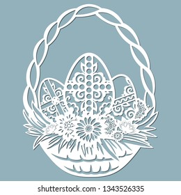 basket, dandelion, grass, bell, cross, leaves, flowers, chamomile carved in egg. Vector illustration. Easter eggs for Easter holidays. Set of paper Easter egg stickers. Laser cut. Set template for