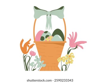 Basket with decorated eggs and blooming flowers. Happy Easter Greeting card.