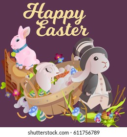 Basket decorated eggs on green grass for holiday celebration, spring season colorful lovely bunnies happy Easter greeting card, Catholic religion isolated vector illustration white background