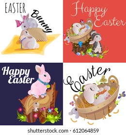 Basket decorated eggs on green grass for holiday celebration, spring season colorful lovely bunnies happy Easter greeting card, Catholic religion isolated vector illustration white background