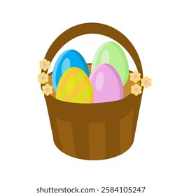 The basket with decorative eggs for Easter, isolated flat design