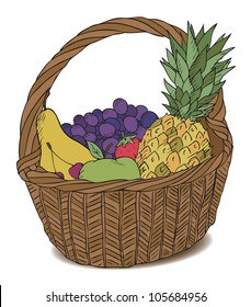 basket with different fruits color vector