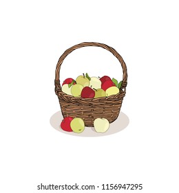 Basket with different kinds of apples with shadow isolated on white background. Autumn harvest symbol, logo, emblem. Natural food for farmers market. Vector illustration with fruits. 	

