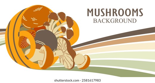 Basket with different types of mushrooms in vector. Flat graphic vector illustration.