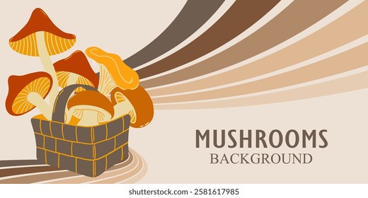 Basket with different types of mushrooms in vector. Flat graphic vector illustration.