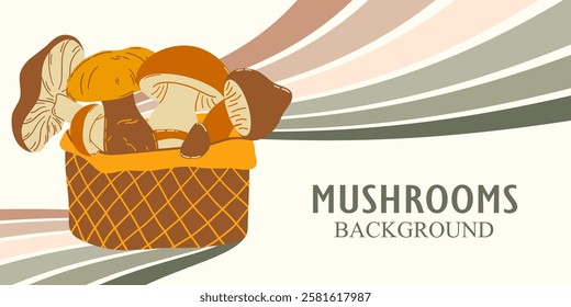 Basket with different types of mushrooms in vector. Flat graphic vector illustration.