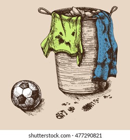 Basket of dirty clothes the boy who played football. Vector hand drawn illustration for your design.