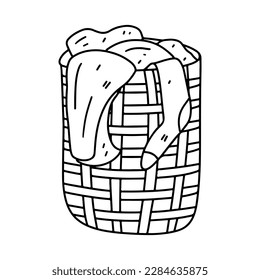Basket with dirty clothes in hand drawn doodle style. Vector illustration isolated on white background. Coloring book.