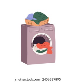 Basket of dirty clothes stands on washing machine. Full laundry drum filling with garments to wash. Housework, housekeeping, daily chores. Flat isolated vector illustration on white background