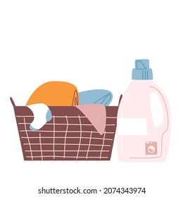 A basket with dirty laundry for washing and liquid detergent. Vector illustration in hand-drawn style