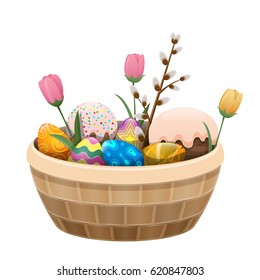 Basket of Easter attributes isolated on white background. Willow branch, sweet Easter cake, painted eggs with different patterns and colorful pastel tulips