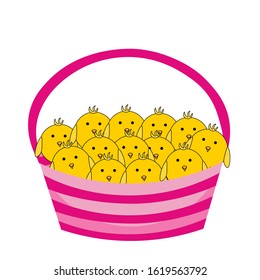 Basket with easter chickens in flat style isolated on white background. Stock vector illustration for decoration and design, packaging, Easter, cards, banners, posters, web pages, fabrics, children