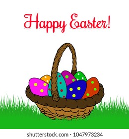 Basket with Easter colored eggs in peas, on green grass, cartoon on white background, vector
