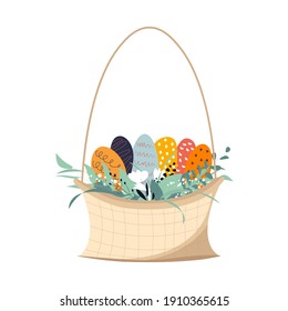 Basket of Easter colored eggs. Spring attributes. Vector illustration for postcards, posters, advertisements, stores
