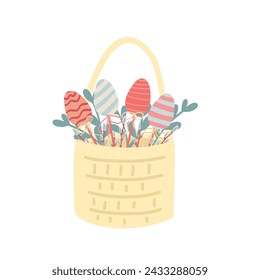 Basket with easter coloured eggs flat design set
