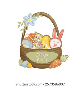 Basket with Easter cookies and eggs, decorated with a flower. Easter bunny, carrot, egg, leaf, chicken, butterfly.