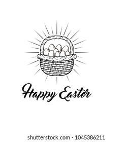 Basket with Easter eggs in beams. Happy Eater text. Vector illustration isolated on white background. Greeting card design.