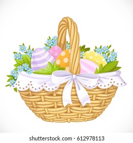 Basket with Easter eggs and blue flowers isolated on a white background