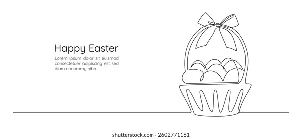 Basket with Easter eggs and bow in one continuous line drawing. Greeting banner design in simple linear style. Editable stroke. Doodle oneline vector illustration