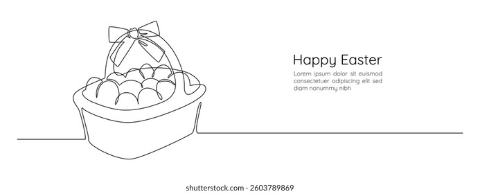 Basket with Easter eggs and bow in one continuous line drawing. Greeting banner design in simple linear style. Editable stroke. Doodle vector illustration