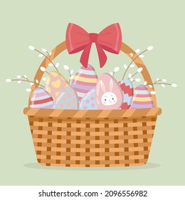 Basket with Easter eggs and bow, spring Easter illustration.