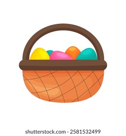 Basket with Easter eggs. In bright colours. In cartoon style. Vector stock image isolated on white background.