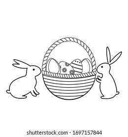 Basket with Easter eggs and Easter bunnies. Cute Easter bunnies. Happy Easter.Children's coloring book. Isolated on a white background.