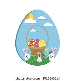 Basket with Easter eggs and bunnies on a background of grass and blue sky, Easter greeting card. Vector illustration