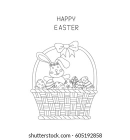 basket with easter eggs and bunny, hand drawn style,  