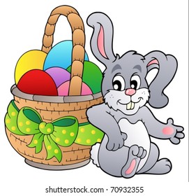 Basket with Easter eggs and bunny - vector illustration.