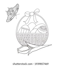 Una cesta con huevos de Pascua, una mariposa y un tulipán sobre un fondo blanco. Página de libros de coloreo para niños.