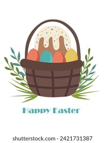 Basket with Easter eggs and Easter cake. Design element isolated on white. Vector illustration with a congratulatory inscription. Eps 10.