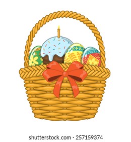 Basket with Easter eggs and cake. Design element isolated on white. Eps 10 vector illustration.