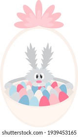 basket with Easter eggs and cute bunny in pastel colors