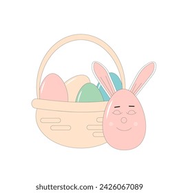 Basket with Easter eggs and cute happy mascot as spring holiday symbol. Vector flat with outline illustration on pastel color.