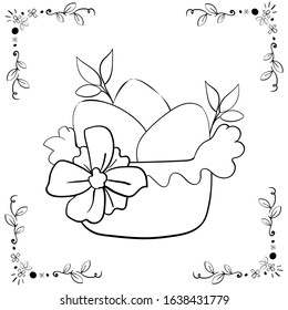 Basket with Easter Eggs decorated with a flower. Coloring adult, book. Color this picture. Doodles style Easter elements. Cozy style. Vector doodle illustration on white backgrounds.