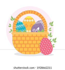 basket with easter eggs and decorative leaves around over white background, colorful design, vector illustration