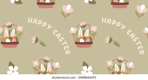 Basket with Easter eggs in flat style. Seamless pattern with Celebration Elements and Lettering Happy Easter for textile, wrapping paper, background. Vector Decorative illustration with Bunny, Flowers