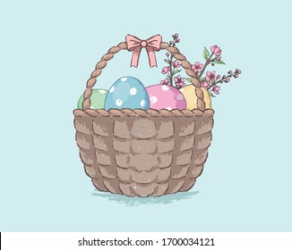 Basket of Easter eggs and flowering branches. Pastel-style Easter illustration. Coloured eggs in a basket and flowering cherry branches.