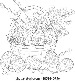 Basket with Easter eggs and flowers black and white illustration for coloring