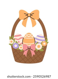 Basket with Easter eggs and flowers. Flat vector illustration.