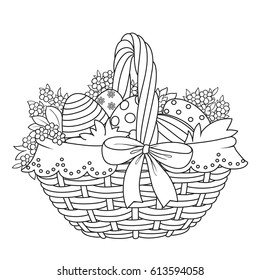 Basket with Easter eggs and flowers outlined for coloring on a white background