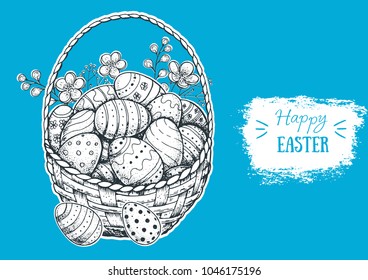 Basket with easter eggs hand drawn sketch. Vintage vector illustration. Engraved style.