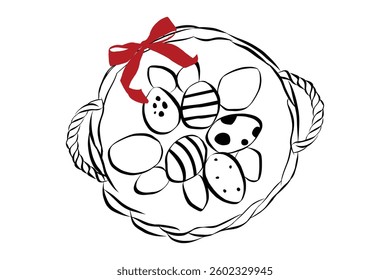 Basket with easter eggs in hand drawn coquette style. Cute design element with ribbon and bow in simple crayon and sketch. Trendy art for menu and banner for holidays. Doodle vector illustration