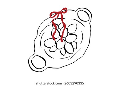 Basket with easter eggs in hand drawn coquette style. Cute design element with ribbon and bow in simple crayon and sketch. Trendy art for menu and banner for holidays. Doodle vector illustration