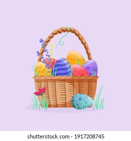 Basket with Easter eggs. Happy spring holidays. Painted eggs with violet and pink flowers on green grass. Colourful flat vector illustration.
