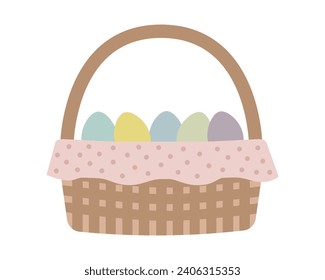 Basket with Easter eggs. Isolated holiday elements, pastel colors. Modern vector illustration
