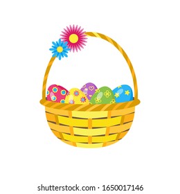 Korb mit Ostereiern einzeln auf weißem Hintergrund. Element für die Gestaltung der Grußkarte, Einladung. Stockillustration für Vektorillustrationen.	