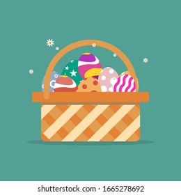 Basket with Easter eggs isolated on green background.illustration, Easter eggs. Brown Easter basket with eggs. Easter basket full of eggs.  vector